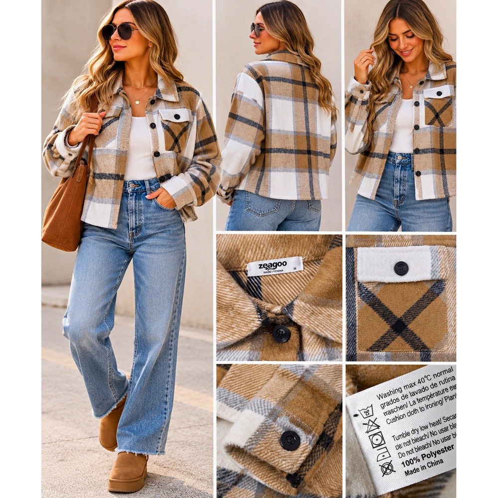 Plaid Shacket Women M Oversized Tan Cream Shirt Jacket NWT Fall Cottagecore